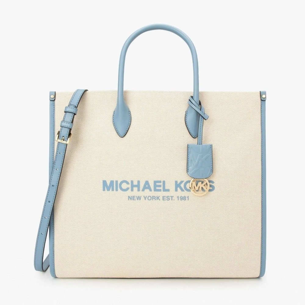 Michael Kors Cream Canvas Tote with Light Blue Leather Trim